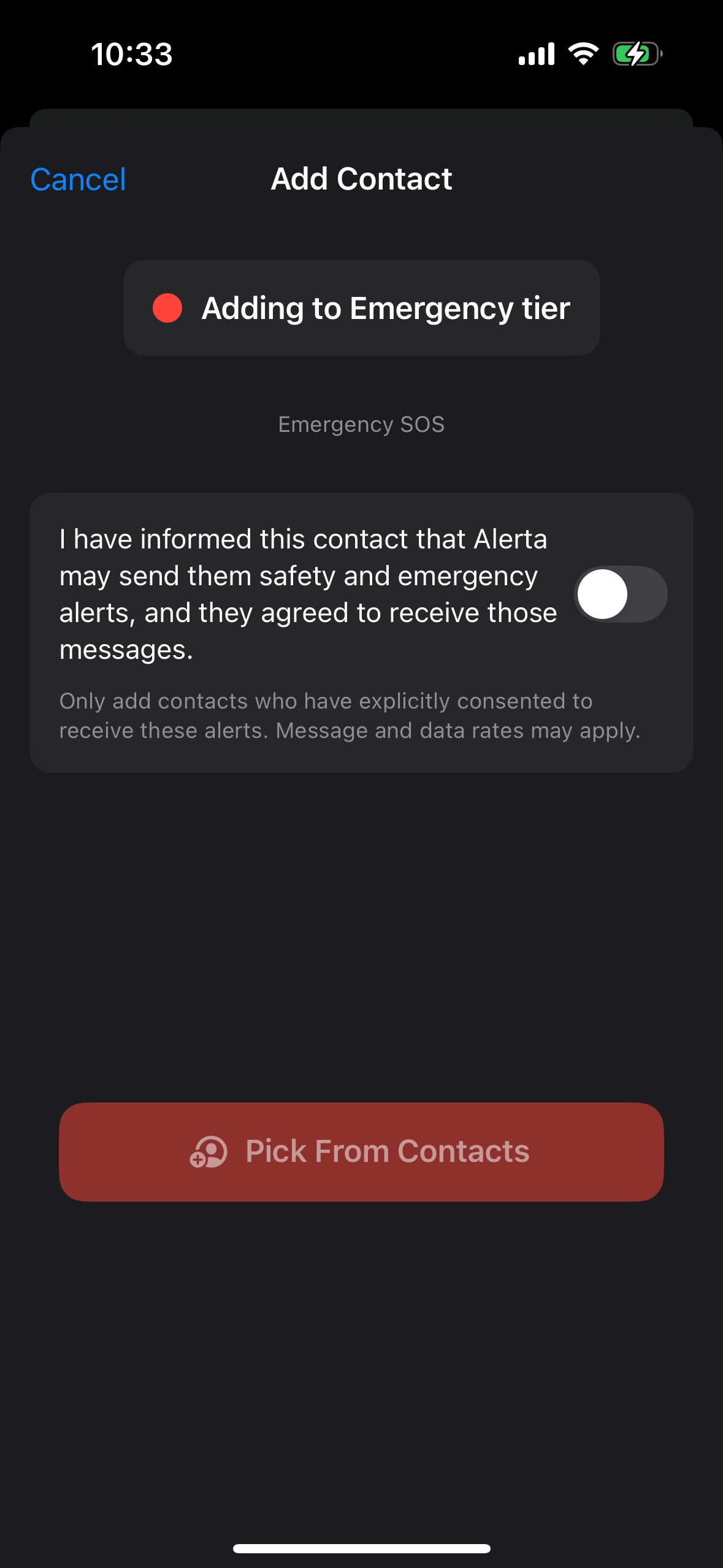 Alerta add contact screen showing the consent disclosure before the consent toggle is enabled.