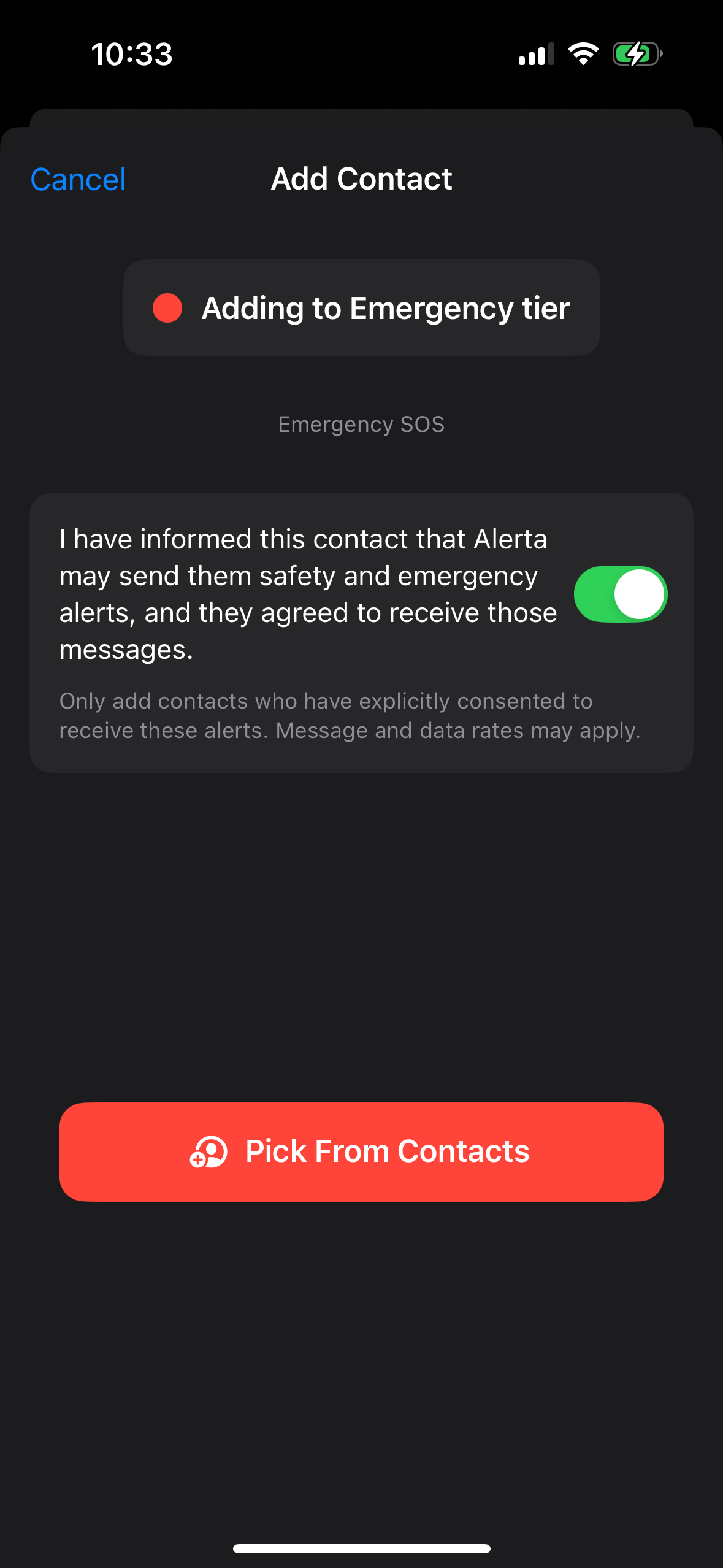 Alerta add contact screen showing the consent toggle enabled before the contact is saved.