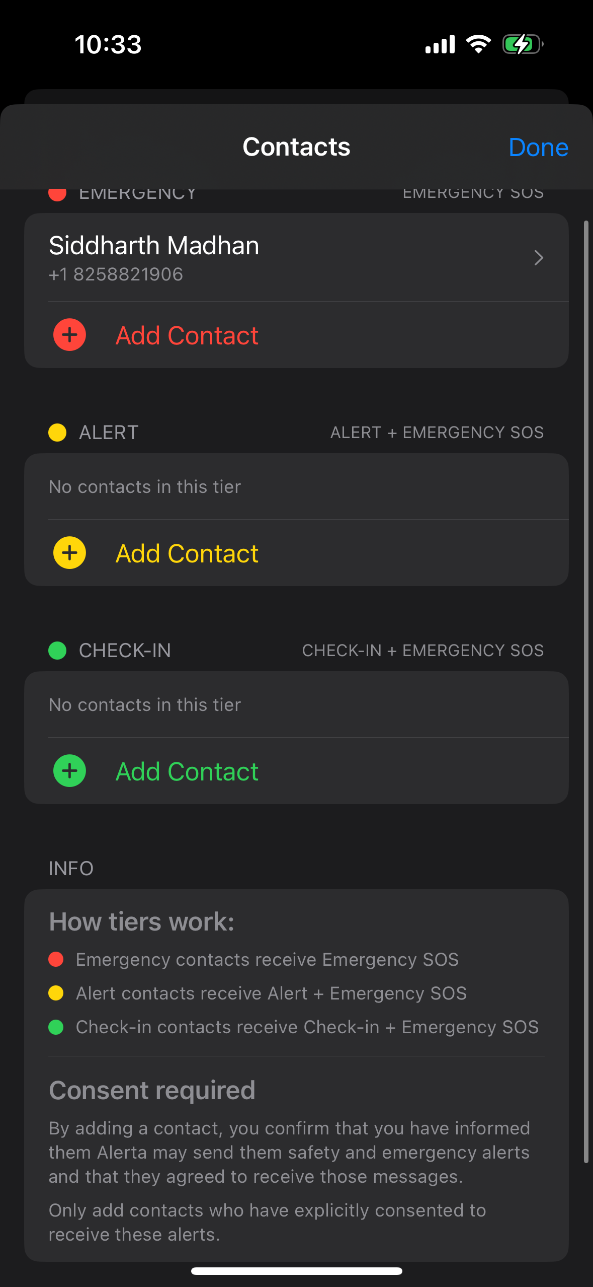 Alerta emergency contacts management screen showing contact tiers and the consent-required notice.