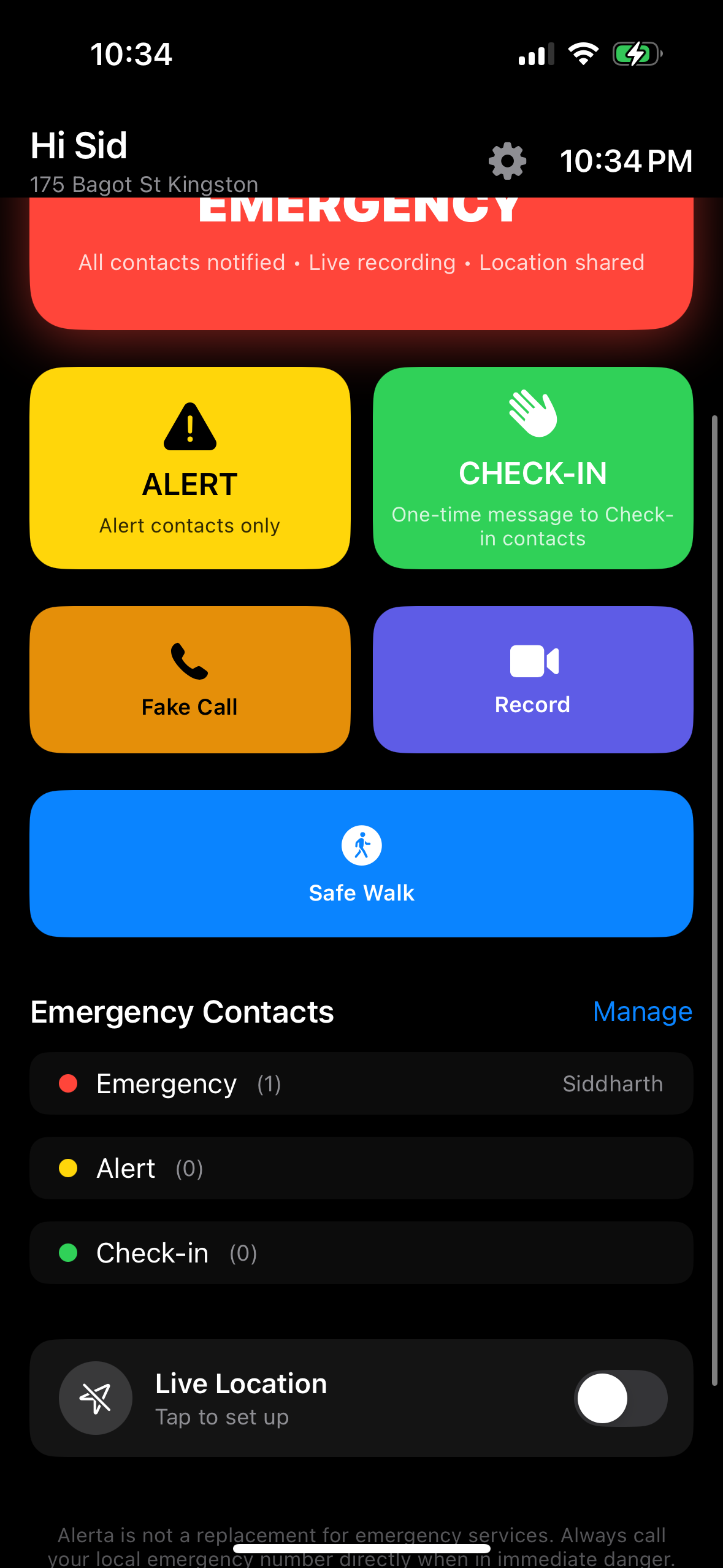 Alerta home screen showing emergency contact tiers on the main app interface.