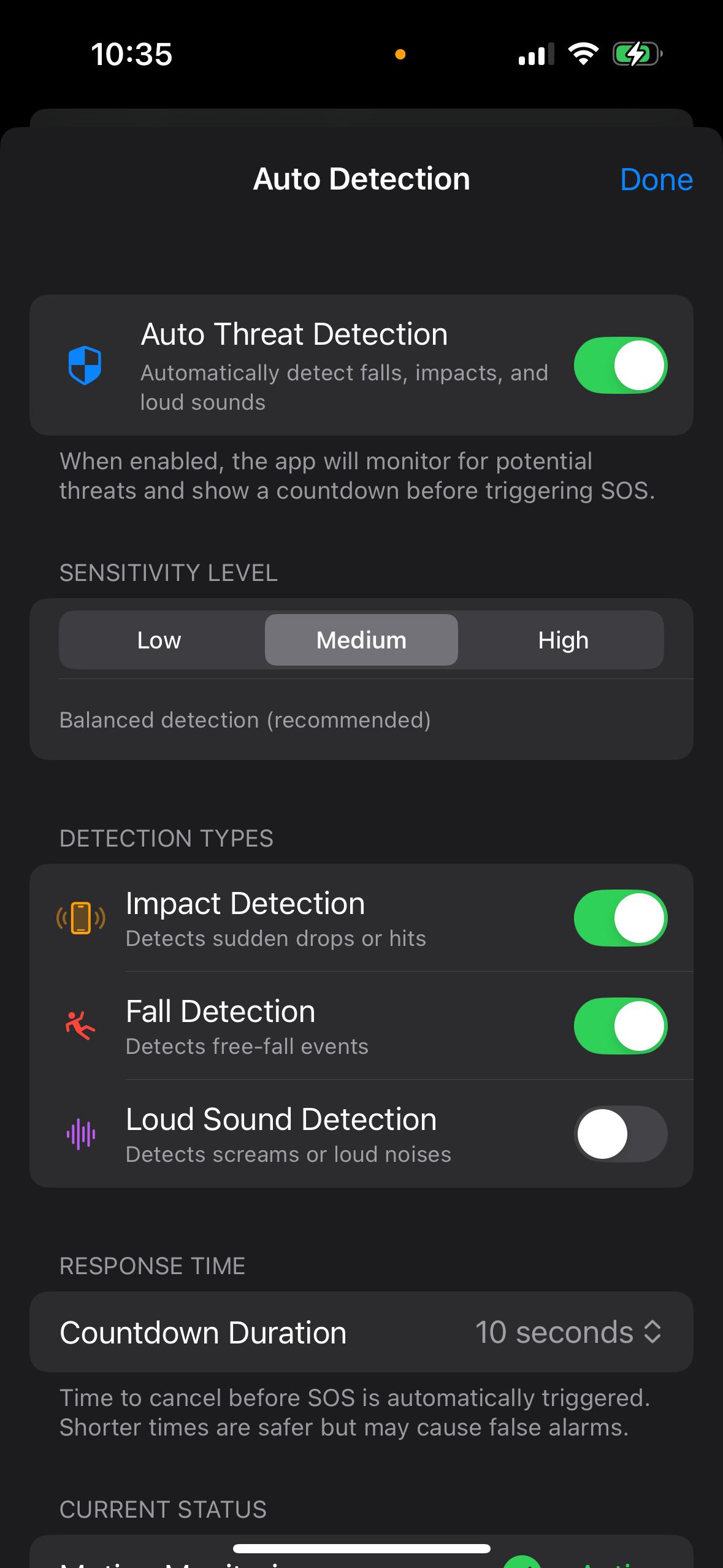 Alerta automatic threat detection settings showing impact, fall, and loud sound detection options.