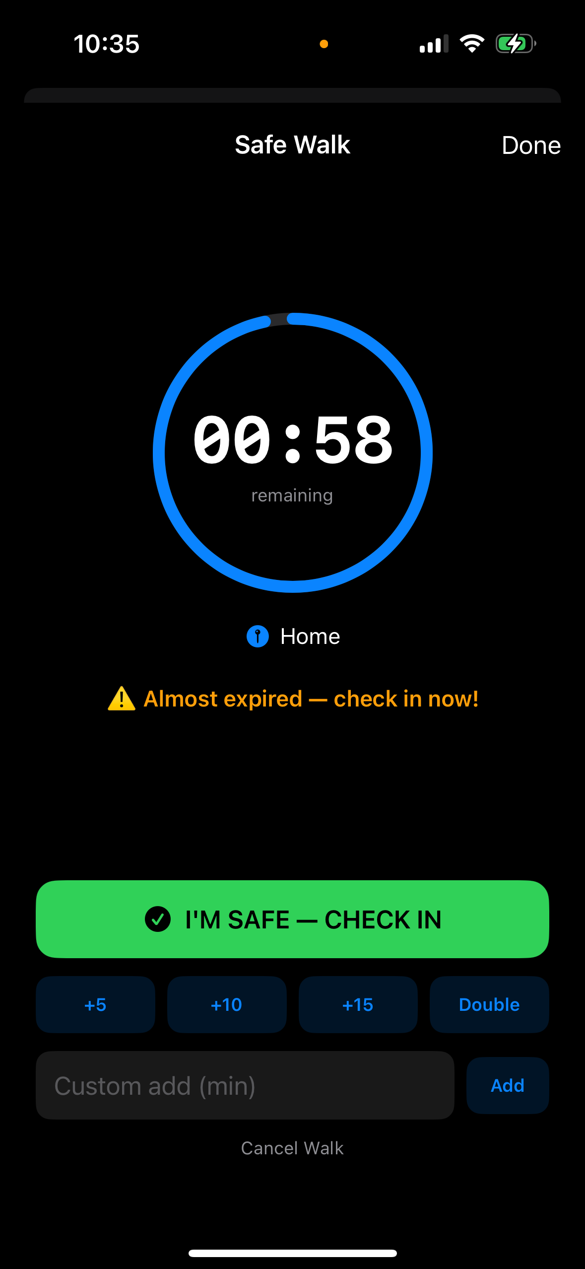 Alerta Safe Walk countdown screen showing the timer and check-in flow.